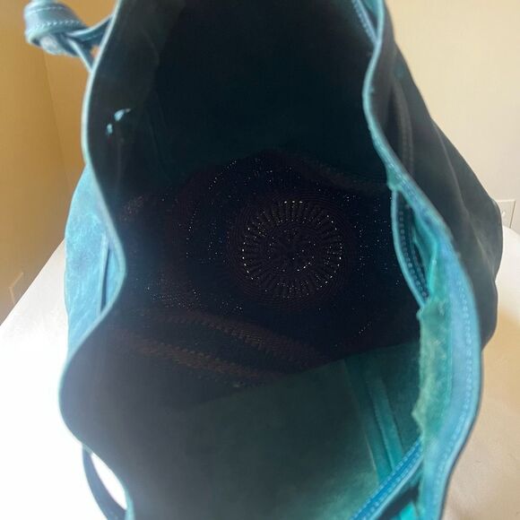 Vintage Woven Sisal &‎ Leather Bucket Bag Teal Blue Boho Beach Market Tote - Picture 5 of 9